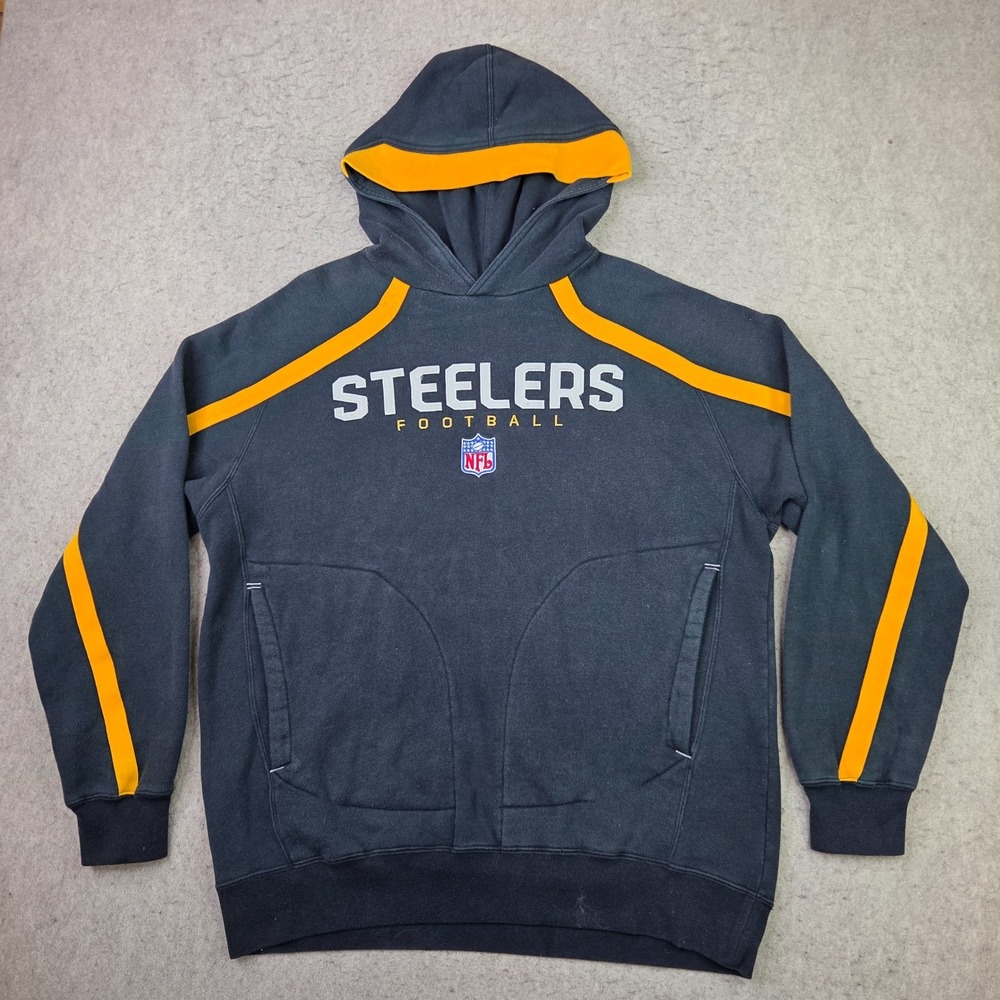 Vintage Reebok Pittsburgh Steelers Hoodie Mens L Black Pullover Yellow Stripe